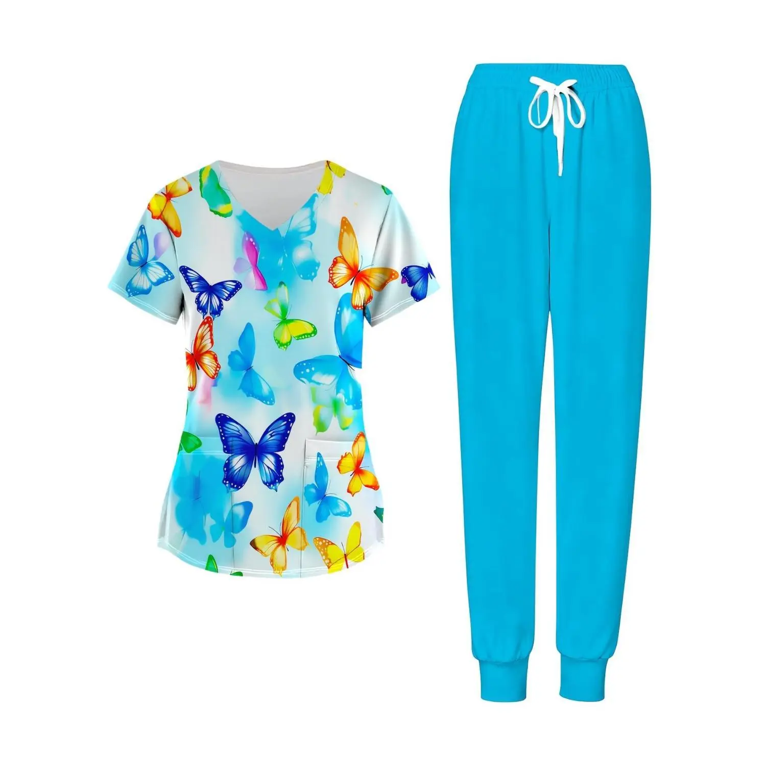 Women's Scrub Set - V-Neck Top & Elastic Waist Pants with Colorful Butterfly Print - Ideal for Nurses, Doctors, Healthcare Professionals - Comfortable Fabric, Perfect Gift