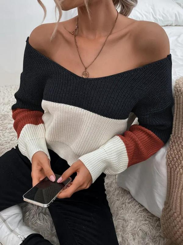 Elegant Off-Shoulder Colorblock Knit Sweater Top, Casual V Neck Twist Design, Spring & Fall Fashion, Fitted Medium Fabric, Knitwear Elegant Off-Shoulder Colorblock Knit Sweater Top, Casual V Neck Twist Design, Spring & Fall Fashion, Fitted Medium Fabric, Knitwear