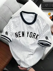 Men's Striped Short Sleeve T-Shirt, American Vintage Baseball Style, New York Letter Print, Loose Fit, Breathable, Streetwear, Casual, Stylish