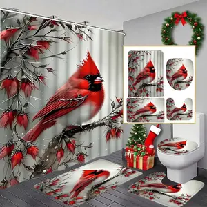 Christmas Cardinal Shower Curtain Set, Includes Hooks, Bath Mat, Toilet Lid Cover, U-Shaped Tray, Perfect Gift for Home Decor