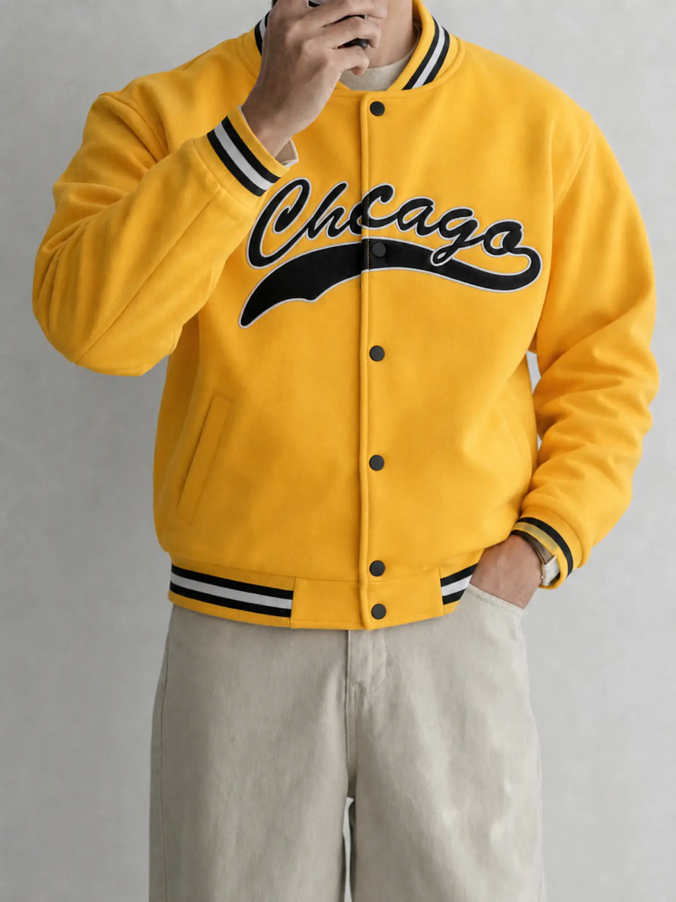 Men's Stylish Graphic Varsity Coat - Menswear Top with Snap-Front Closure, Striped Ribbed Trim, Bold City Script Design for Casual College Streetwear, Coats, Tops, Long Sleeve, Jackets