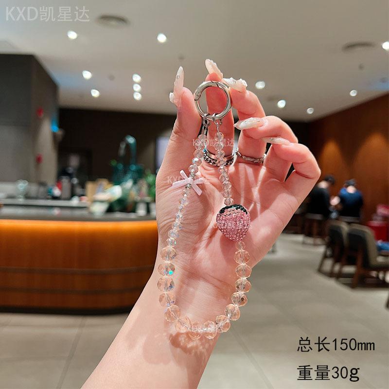 Premium sense rhinestone strawberry mobile phone chain crystal wrist beaded lanyard anti-drop crystal mobile phone chain anti-lost key chain Wireless Charm Aesthetic Cloth Smartphone Cellphone
