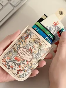 Vintage Floral Pattern Pull-Out Multi-Slot ID Holder, Large Capacity Compact Ultra-Thin Synthetic Leather Card Case with Snap Closure