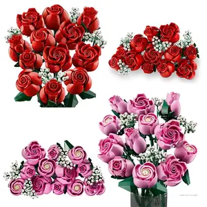 Red Pink Roses Flower Bouquet Building Blocks Botanical Collection Assemble Toy Valentine's Day Gift For Girl Lady Model Bricks Toys For Kid Adults Christmas Birthday Gifts