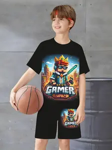 Boys' Pixel Game King Gamer Print Two-Piece Set, Casual Sports Leisure, Slim-Fitting Design, Random Pattern, No Ca Prop 65