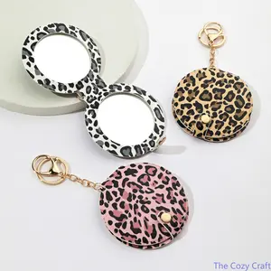 Leopard Print Makeup Mirror Keychain PU Leather Double‑Sided Compact Mirror Portable Bag Charm Trendy Stylish Accessory Dainty Purse Decor For Handbag Backpack Daily Outdoor Travel Gift