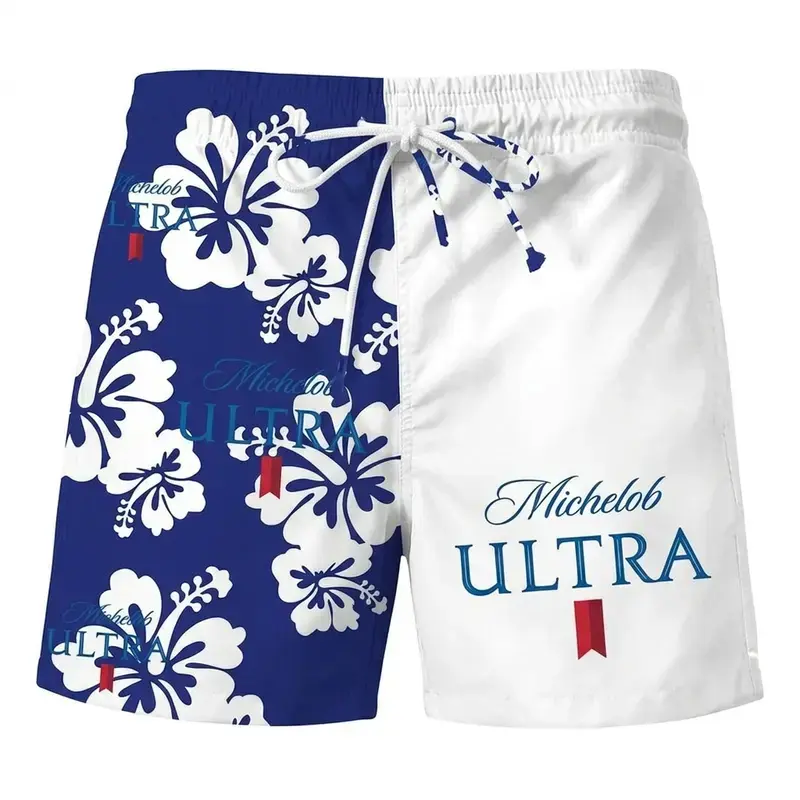 Funny Patriotic Beer Print Hawaiian Swim Trunks | USA Flag Beach Shorts