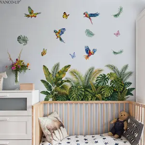 A piece of (30*90cm) tropical rainforest wall sticker, jungle leaves and bird decal, home decorative sticker for bedroom and living room