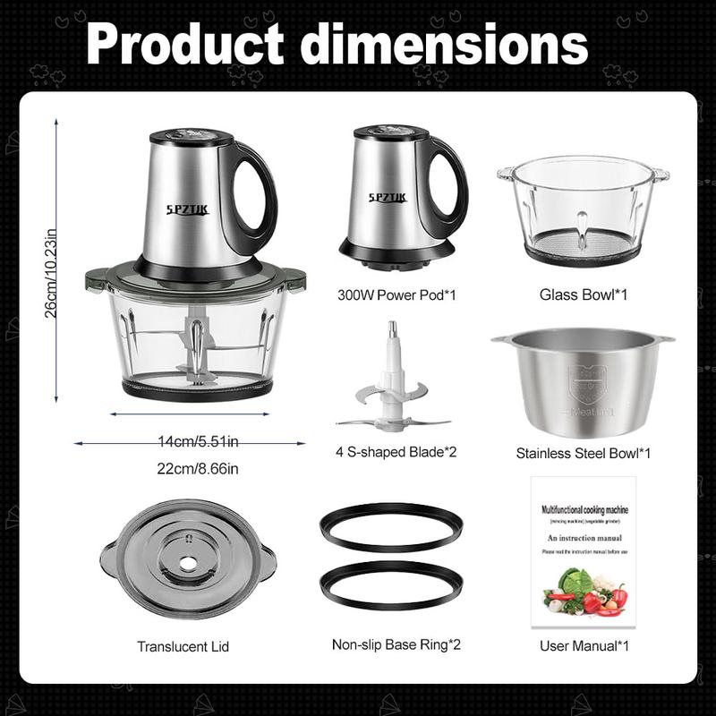 SPZTJK 2L Baby Food Processor & Meat Grinder - 2 Free Dishwasher-Safe Blades & Bowls, Pure Copper Motor for Homemade Puree/Nuts/Meat, BPA-Free & Quiet Design for Family Cooking