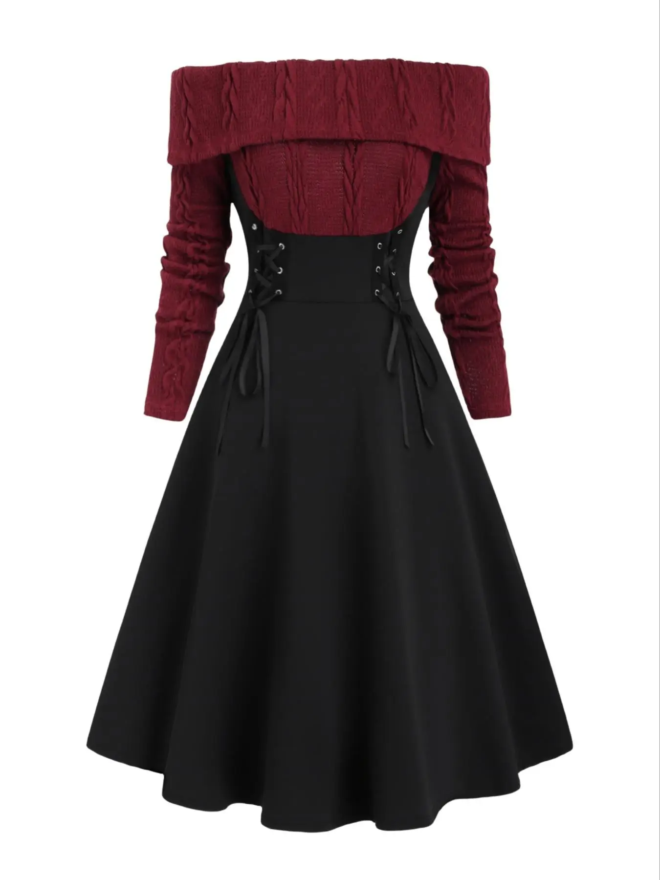 Women's Colorblock Off Shoulder Lace Up Sweater Dress, Elegant Long Sleeve A Line Dress for Party Holiday Wedding Guest, Women's Clothing for Fall & W