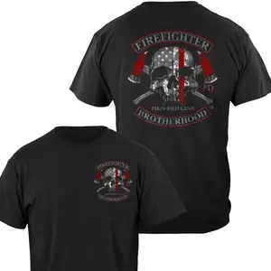 Thin Red Line Firefighter Brotherhood T-Shirt, Premium Cotton Graphic Tee for Men. Cool Skull Cross Axes Fire Dept Design, American Flag Black Short Sleeve Tshirt. Proud Fireman Veteran Gift, Edgy Biker Style Station Apparel