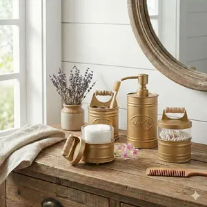 Antique Gold Farmhouse Bathroom Set – 4 Piece Metal & Glass Vanity Accessories