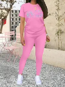 Women's Casual Activewear Casual Sporty Two-Piece Set, Fashion Print Short Sleeve Top + Tight Pants, Spring & Fall, Fitted Thin Fabric