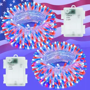 Red White and Blue Lights String for 4th of July Decorations Outdoor Total 100 LED 33ft for Memorial Day Decorations,  Operated  Timer Patriotic for Independence Day, 2-Pack