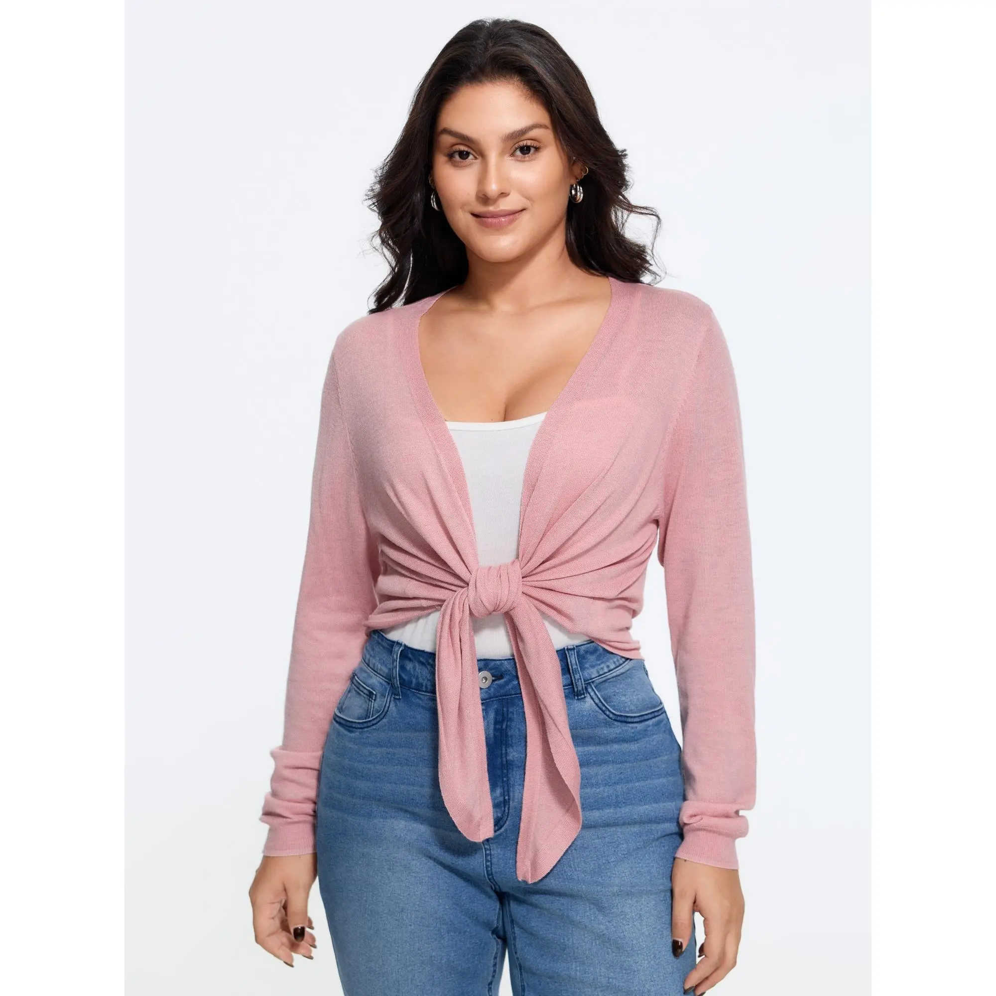 BloomChic Plus Size Front Tie Wrap Cropped Cardigan[M-6X] 2026 Summerfinds, Long Sleeve, Fabric, Knitwear, Garment, Fit, Tops