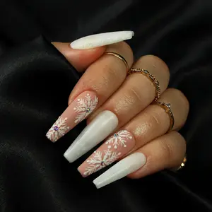 [CHRISTMAS DEAL BUY 2 GET 1 FREE] White Snowflake Christmas Press On Nails, Nude Glitter Ombre Design, Elegant Winter Holiday Nail Art Set