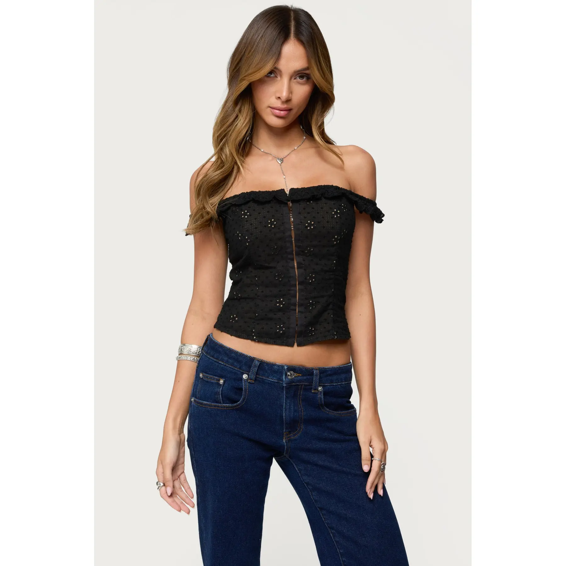 Jordana Ruffle Eyelet Off Shoulder Top