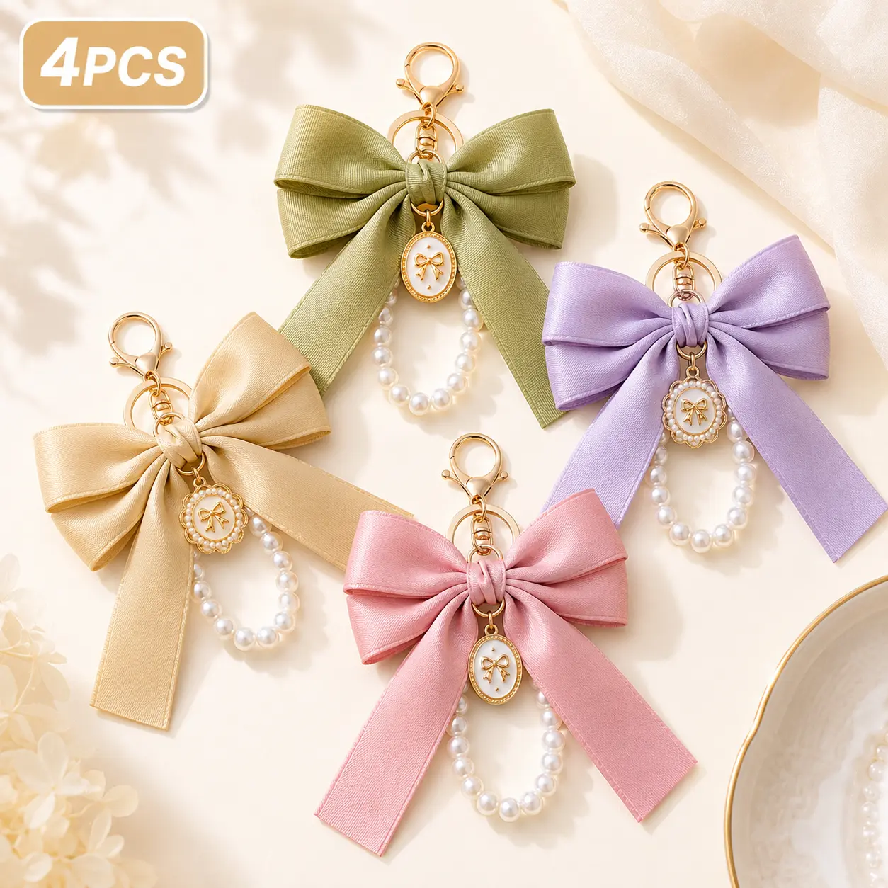 4 Pcs Coquette Bag Charms, Synthetic Silk Satin Bow Purse Accessories for Women with Faux Pearls & Sparkling Faux Crystals, Backpack Bag Decoration, Key