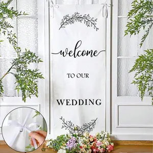 Wedding Linen Country Style Welcome Banner, Simple Ceremony Background, Includes Ribbon and Clips, Perfect for Arch and Banquet Backdrop