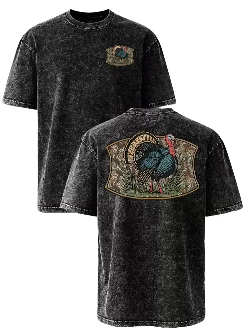 Vintage Wild Turkey Graphic Tee, Oversized Acid Wash 100% Cotton Shortsleeve T-Shirt with Double Sided Camouflage Print for Men & Women, Flannel, Cargo, Loose, Grass, Classic