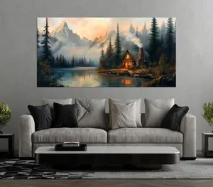 [UNFRAMED POSTER]  Hunting Lodge wall art Forest print Mountain River Cabin Cozy Rustic wall decor Woodland Landscape Wall Art Nature Large wall art