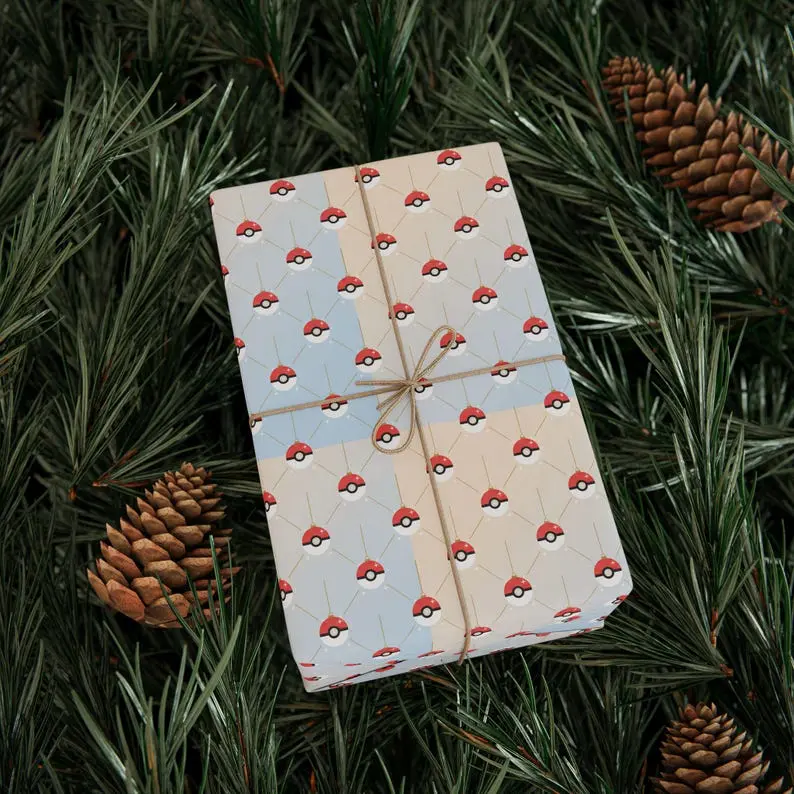 Gamer Christmas Wrapping Paper Poke-ball Ornament Pattern