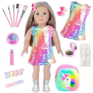 DEARBEI American 18 Inch Doll Makeup Accessories and Clothes Set Includes 18 Inch Doll Clothes and Shoes Bag Makeup Brush Set Foldable Haircomb Eyeshadow Lipstick Bow Hair Clip Sunglasses Hair Rope（No Dolls）
