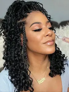 16 Inch Short Boho Knotless Braided Wigs for Women, Pre Braided Wig, Full Lace Box Braided Wigs with Baby Hair, Lace Hairline Wig, Boho Curly Wigs for Women, Pre Styled Wig