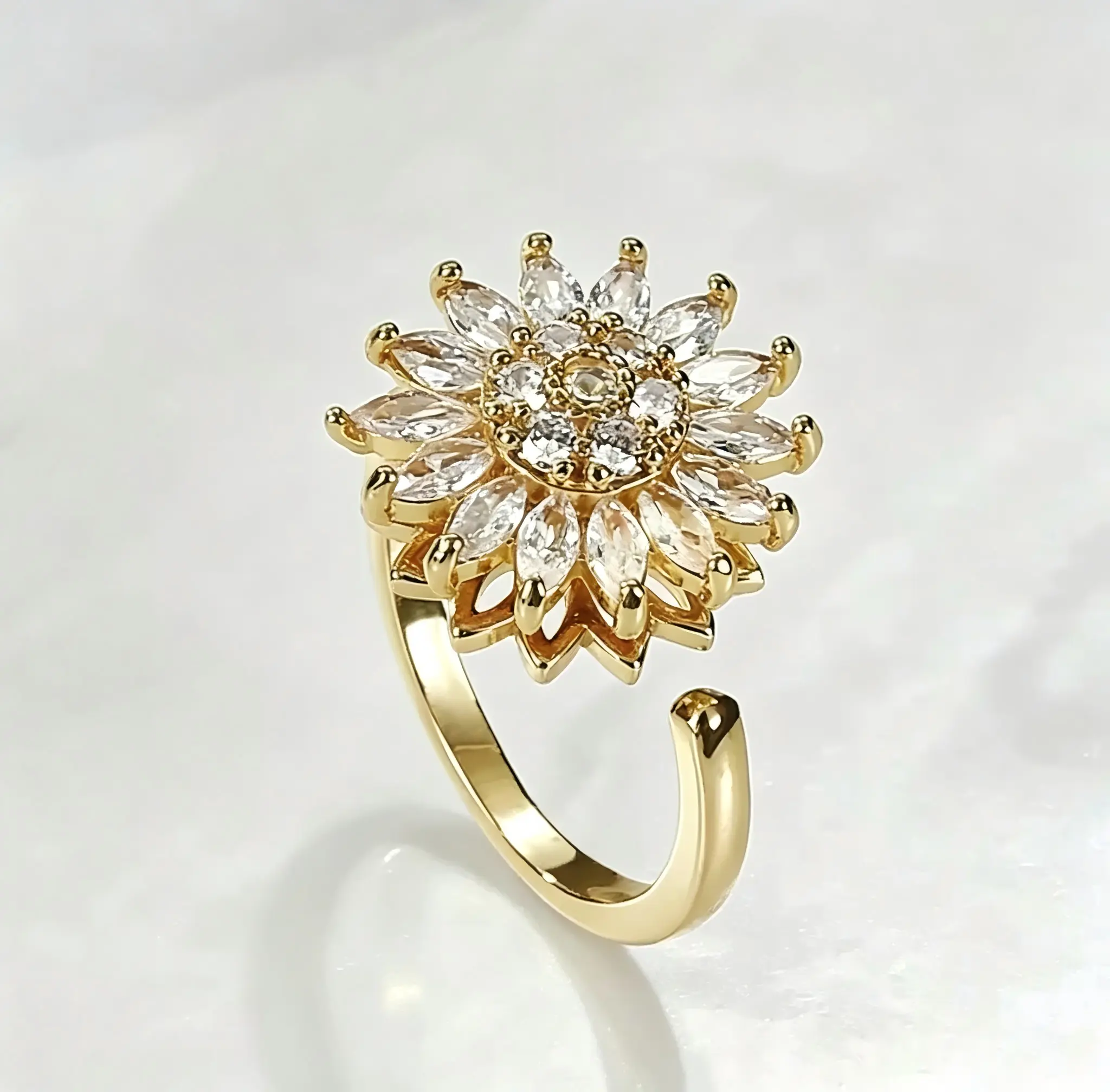 Stylish Spinning Flower Ring for Anxiety Relief, Gold-Tone Finish Jewelry with Adjustable Open Band for Women, Playful Gift