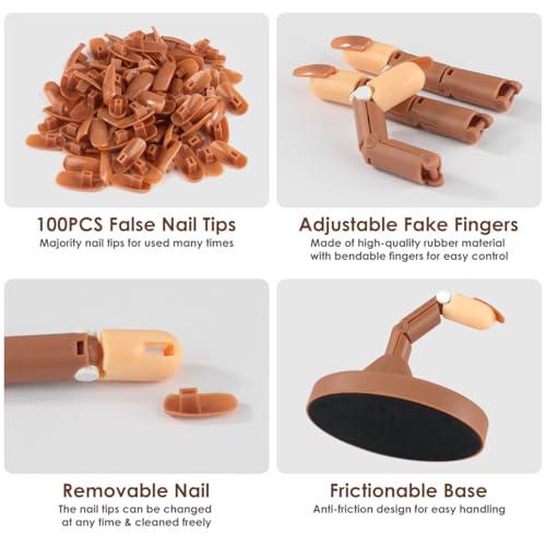 Acrylic Nail Practice Finger Kit with 1 Base Stand 3 Adjustable Fake Fingers 100 Brown Nail Tips for Beginner Nail Training