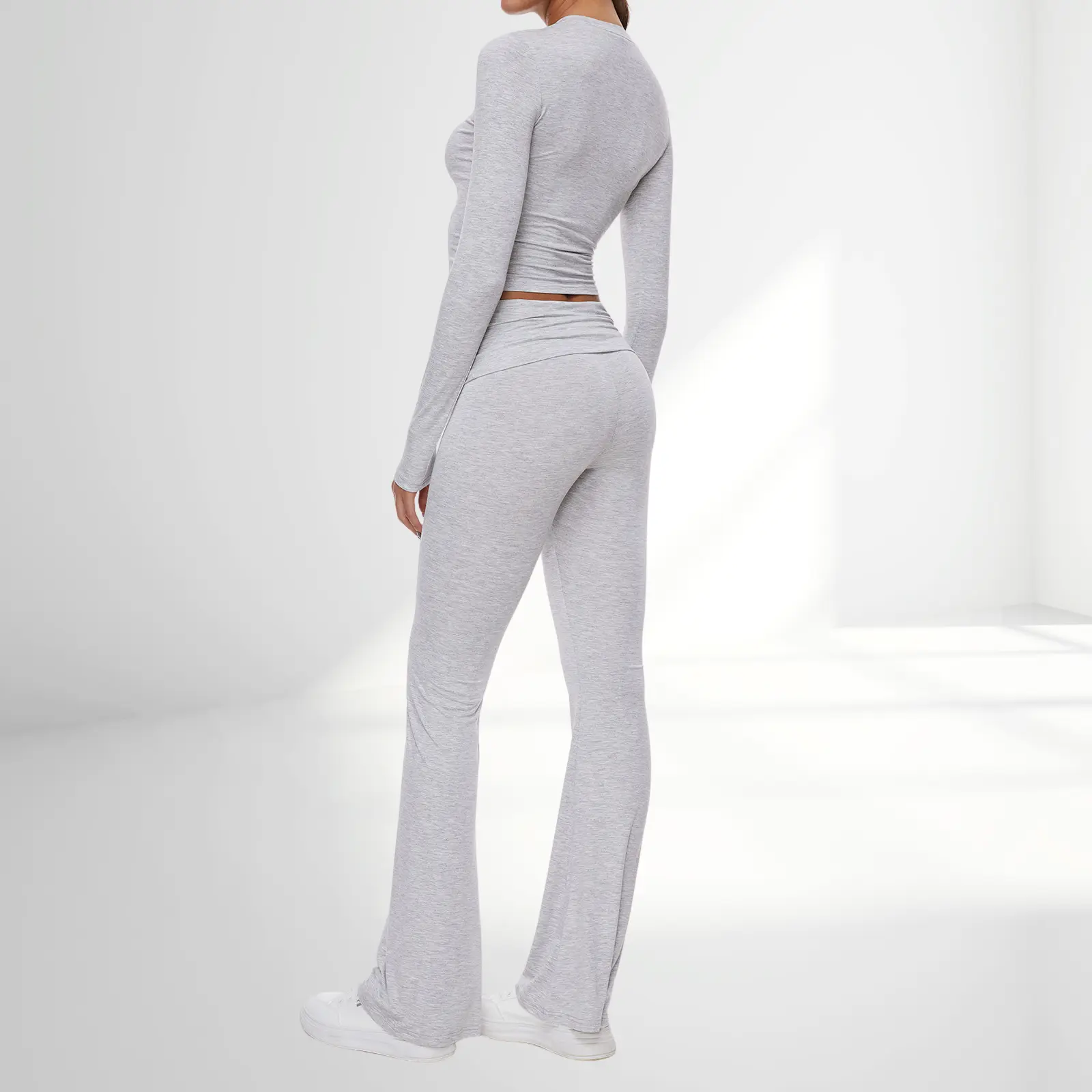 Another Chill Women's 2 Piece Lounge Sets Fold-Over Flare Pants Set Long Sleeve Cropped Top Casual, Pajamas, EssentialBasics, SmartCasual, RelaxedFit, ComfortableFit, ModernStyle, RelaxedStyle