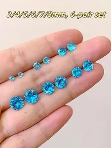6 Pairs Blue Fashion Simple Earrings, Unisex Style, 3mm-8mm Lightweight Cartilage Studs, Round Flat Back, Compact Stylish Earrings