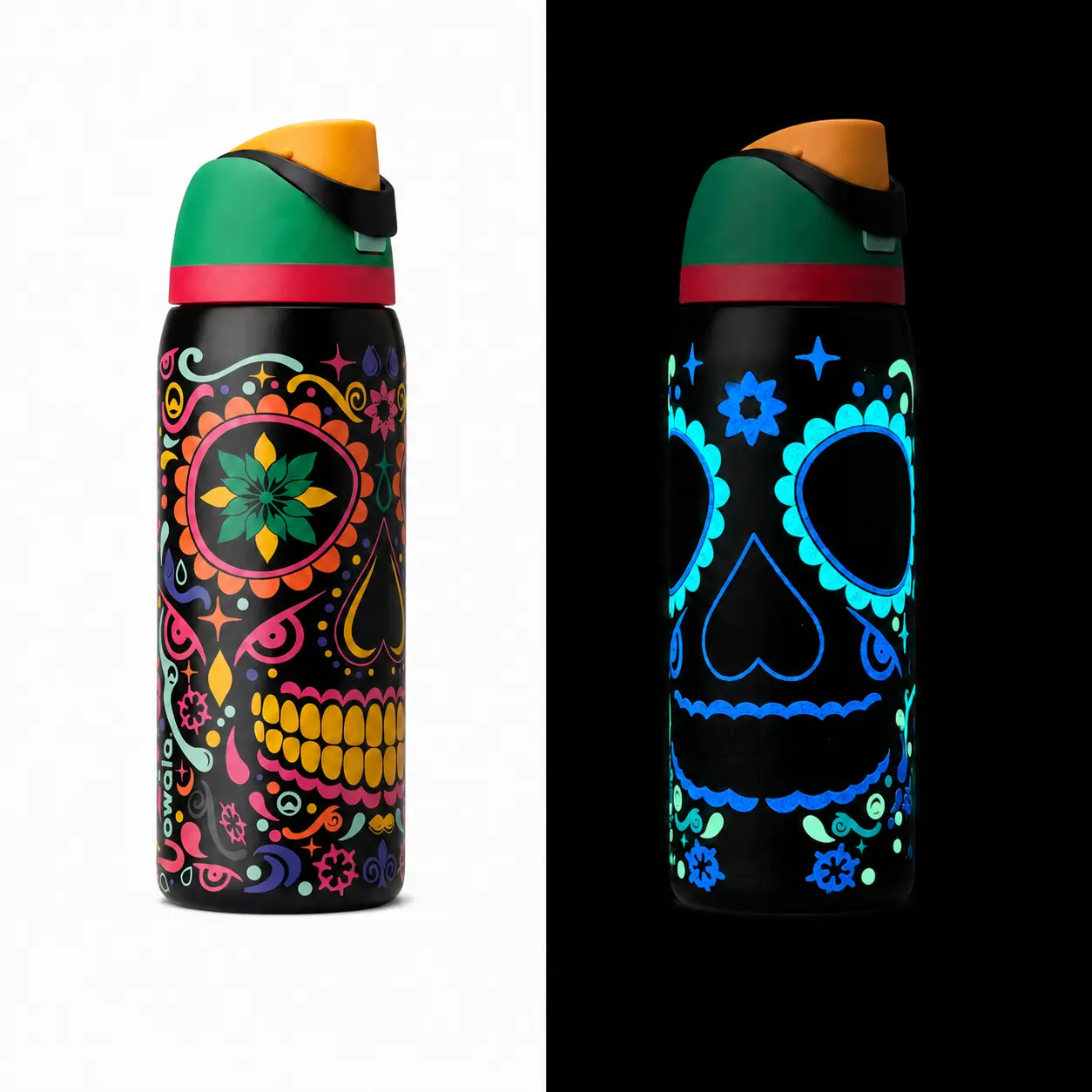 Owala Halloween 32oz Glow-in-the-Dark Sugar Skull Water Bottle, Straw-Free Leakproof Insulated Stainless Steel Bottle for Adults, College, Work, Travel & Spooky Gifts