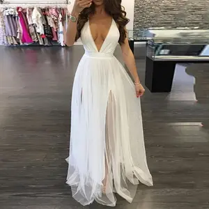White Dress for Women — Civil Wedding Maxi Slip, Bridesmaid Banquet, V-Neck, Sexy Backless Lace, Long Elegant Evening Dress, Fashion Sleeveless