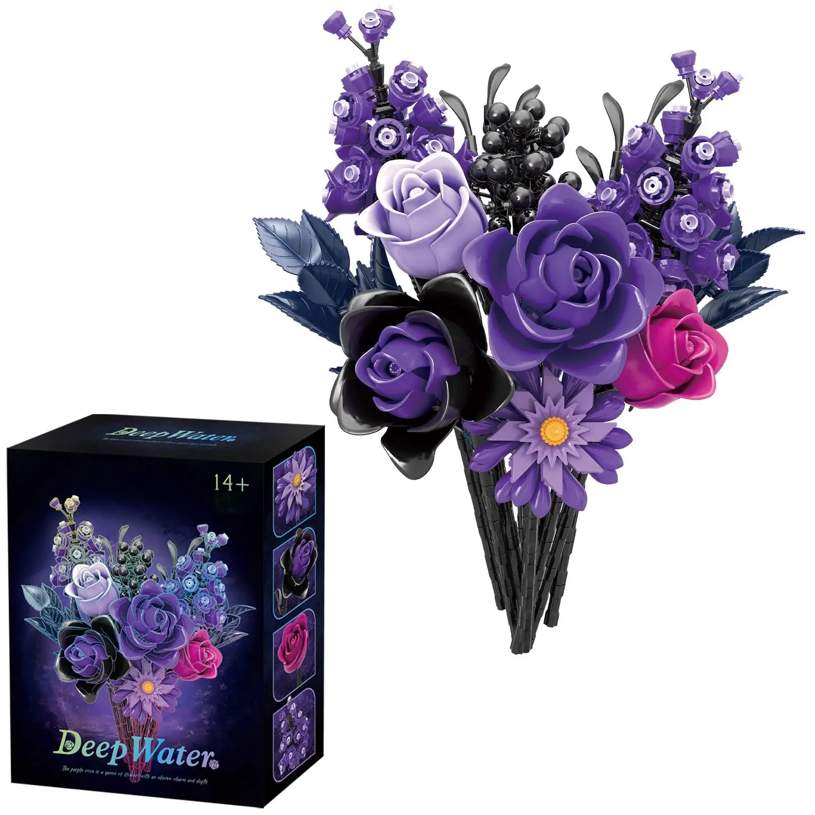 822pcs Purple Roses Silk Flower Bouquet Building Block Set, Gothic Home Decor Centerpiece Ornaments for Adult Women, DIY Gift for Christmas Valentines Day - summerwins