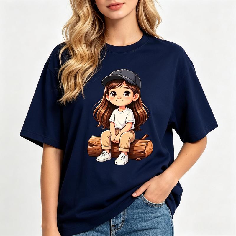 Women's Cute Girl Graphic Tee Navy Oversized T-Shirt Kawaii Baseball Cap Sitting Log Print Casual Short Sleeve Top Trendy Y2K Aesthetic Streetwear Summer Outfit