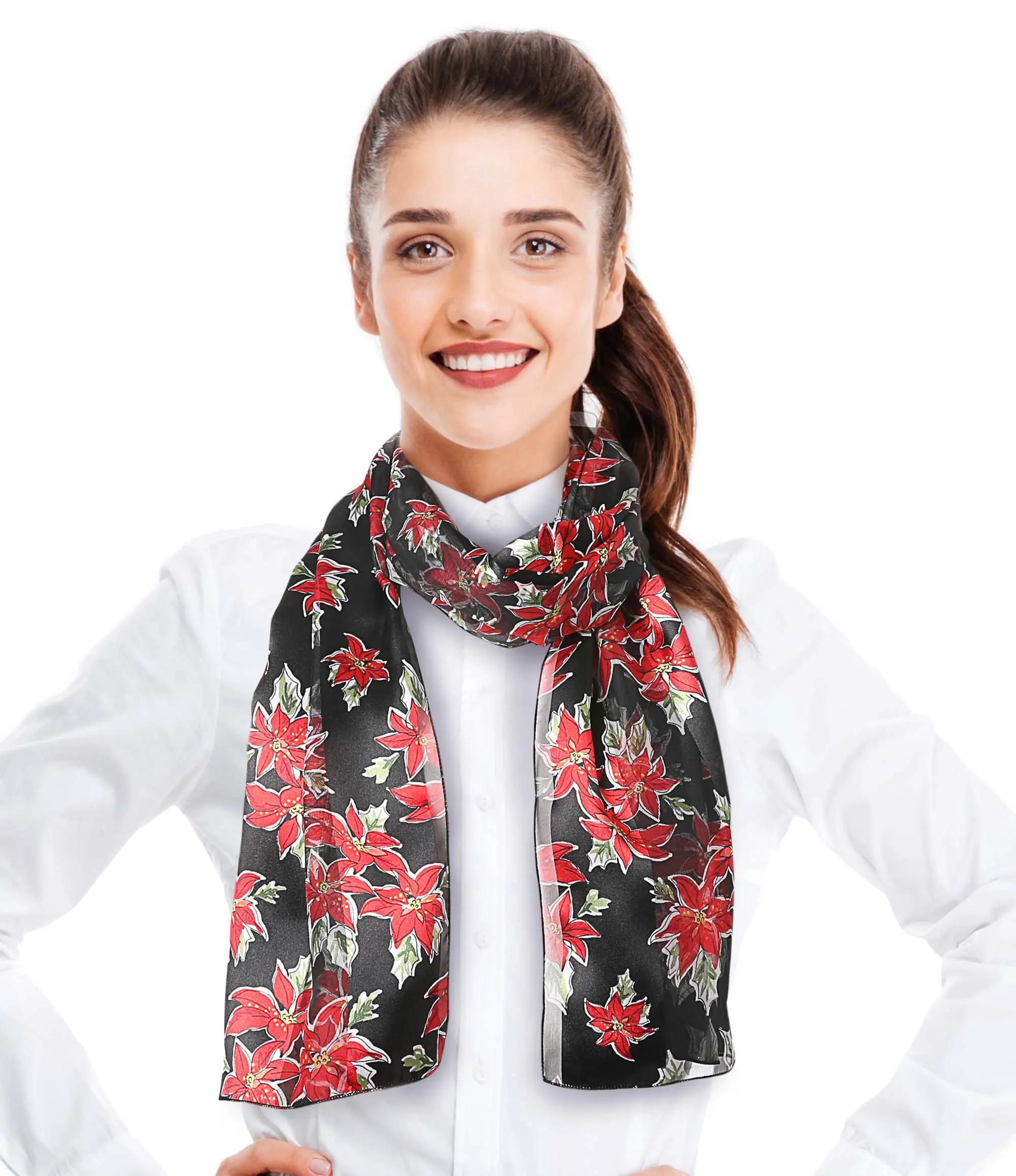 CBC Crown Women's Elegant Long Christmas Scarf - Red Poinsettia Print, Lightweight Silk-Feel Polyester, 13"x60" Rectangular, Casual, Hand Wash Only, 13" X 60"