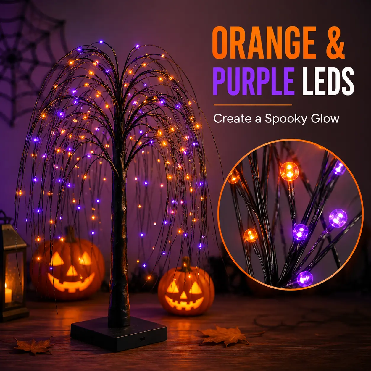 1/2 Pack 60cm Halloween Lighted Black Decor, Bright Purple Orange Dual Color LED Lights, Dual Power USB & Battery Box Powered Safe Indoor Tabletop Ornament, Fall Halloween Mantel Dining Table Centerpiece Illuminated Willow Tree for Home Room Decoration