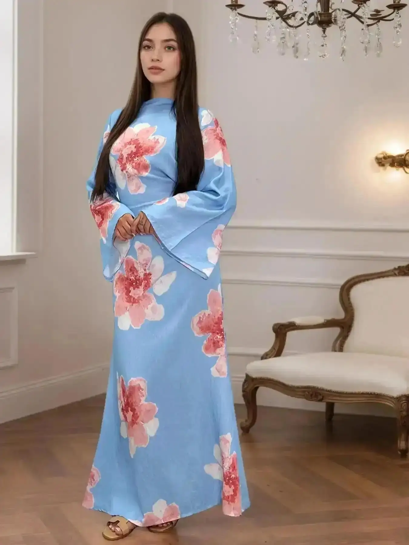Refined Floral Print Long Robe for Women, Sleeve Elegant Design with External Tie Belt, Comfortable and Stylish All Occasions, Dress Womenswear Elegance, Cozy, Elegant Casual Everyday Chic Look