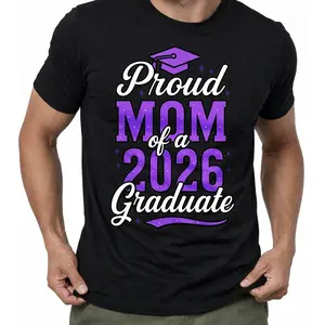 Men's Unisex Loose-Fit Round Neck Shortsleeve T-Shirt - Proud Mom of 2026 Graduate, Cap & Diploma Design, Purple & Golden Lettering, Street Style Vibe, Day Wear, Pairable with Jeans