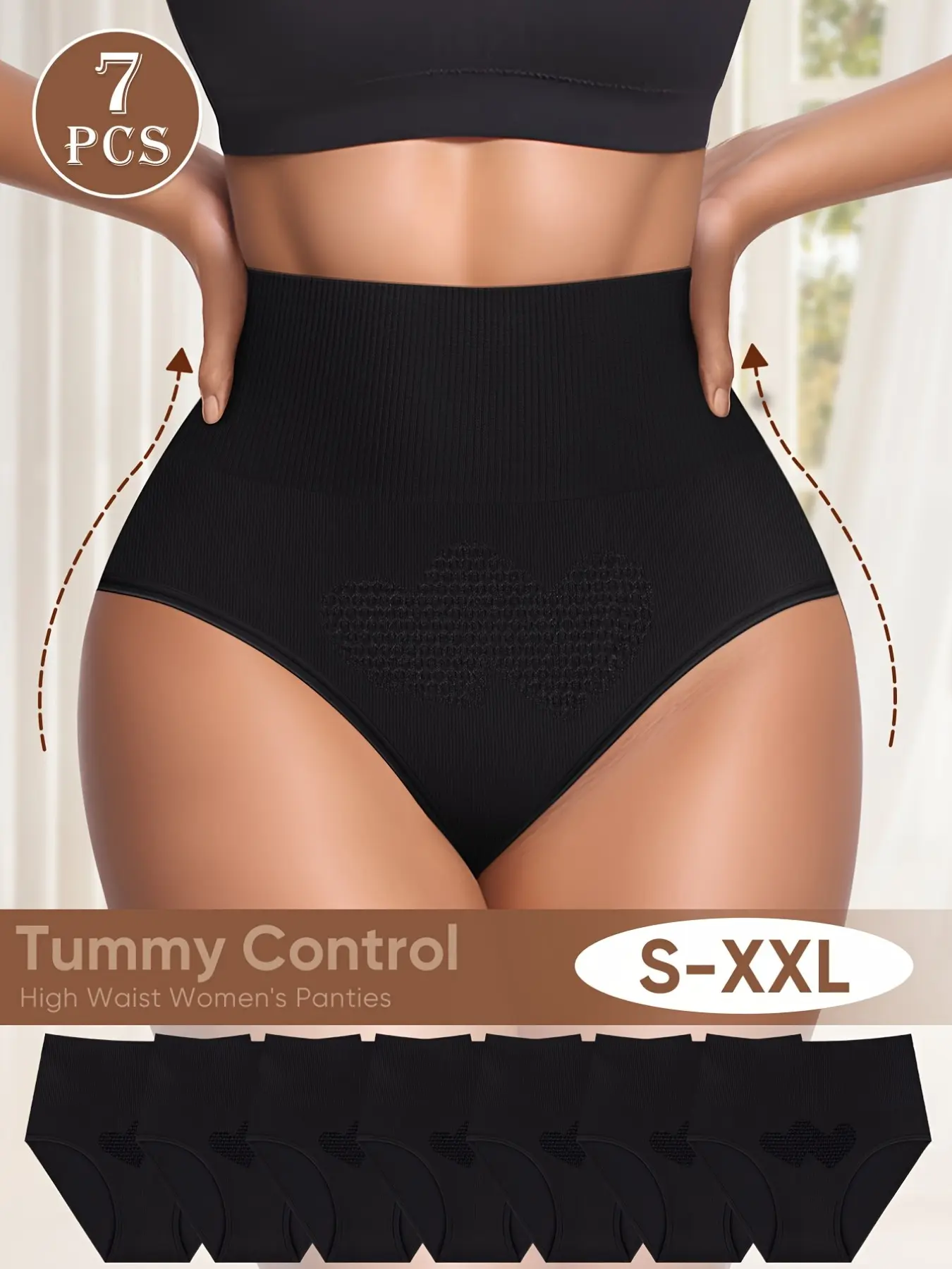 Women's High Waist Abdominal Control Compression Shapewear Panties, Breathable Smooth Butt Lifting Triangle Underwear, Comfort Fit Pack of 7 Elegant Basic