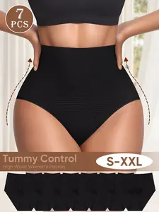 Women's High Waist Abdominal Control Compression Shapewear Panties, Breathable Butt Lifting Triangle Underwear, Comfort Fit Pack of 7 Basic