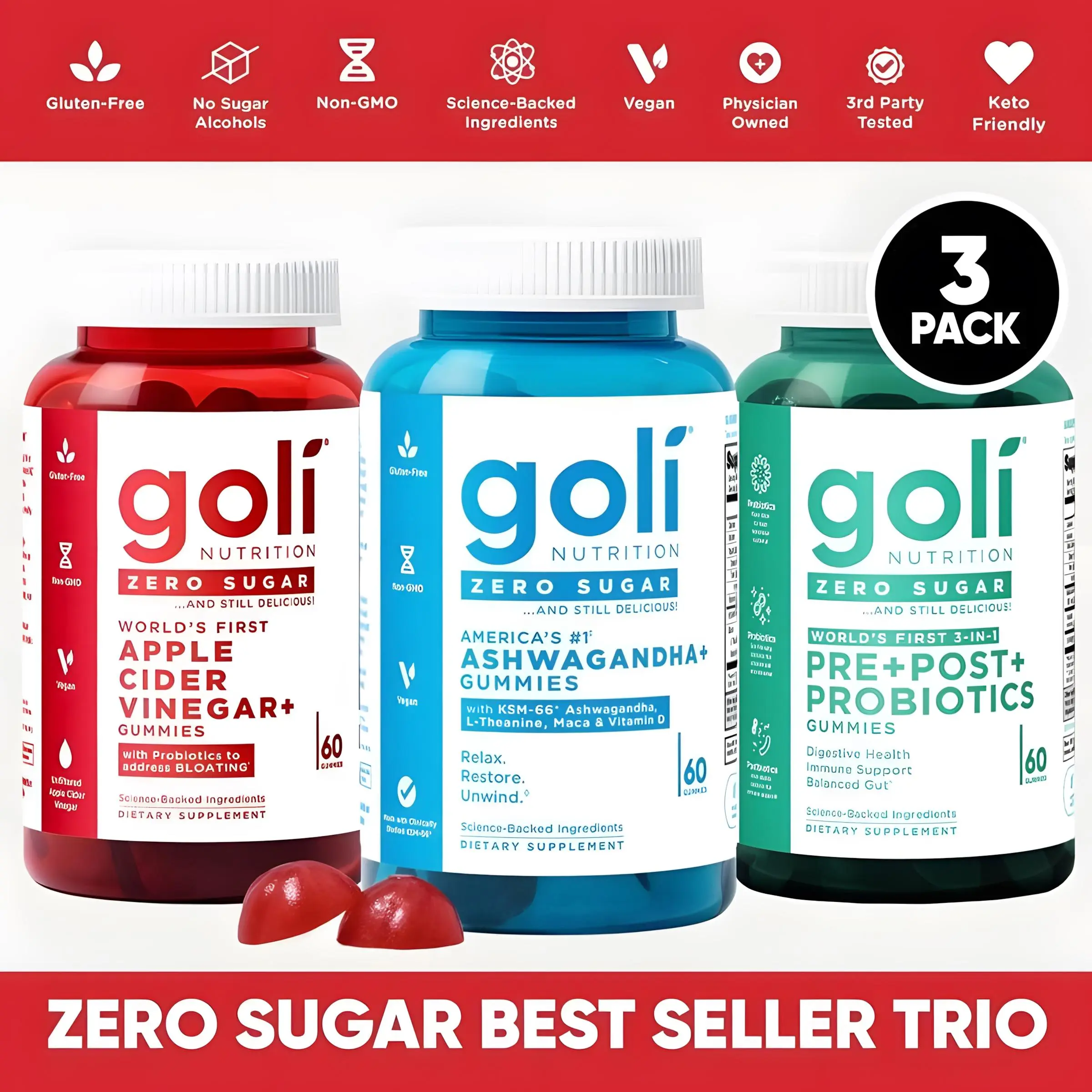 Goli Nutrition Zero Sugar Best Seller Value Bundle - 3-in-1 Pre, Post, Probiotic, Apple Cider Vinegar with Vitamin B12 and Probiotics To Address Bloating, Ashwagandha & L-Theanine, Viamin D gummies. Gluten-Free, Vegan, Non-GMO & Gelatin-Free