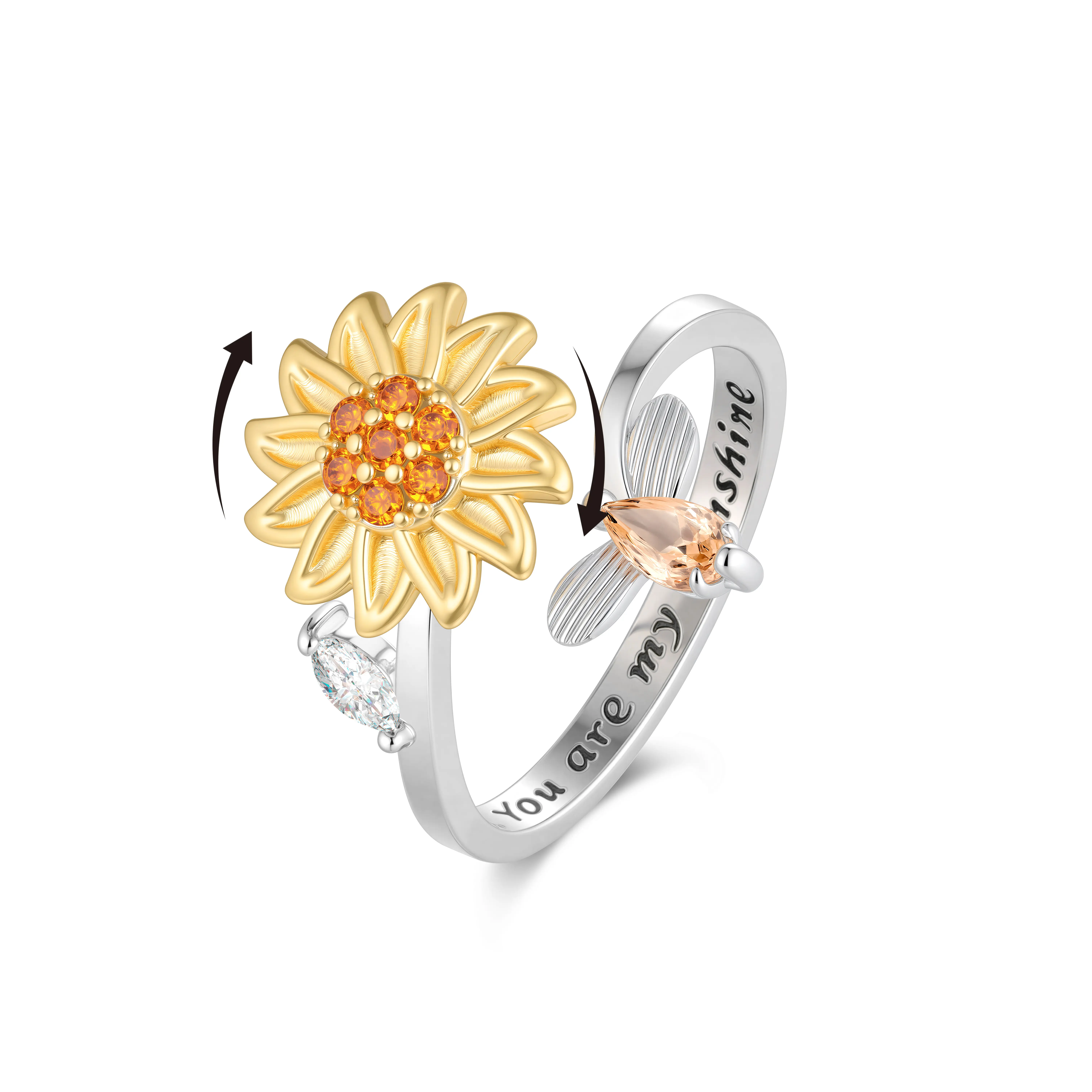 Aprilery Two-Tone Spinning Sunflower Fidget Ring, Engraved "You Are My Sunshine" Adjustable Open Band Promise Ring