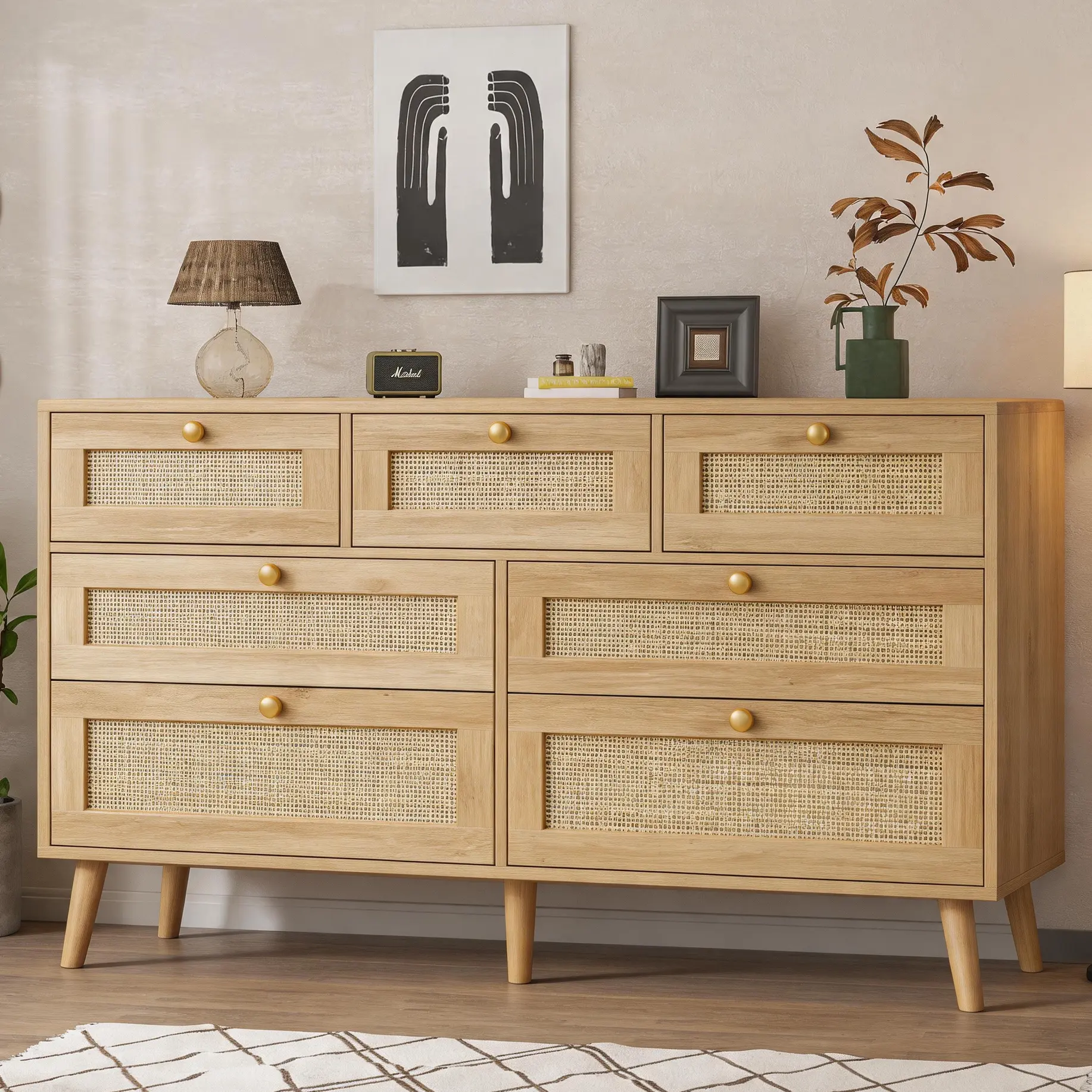 47" Rattan Dresser for Bedroom 7 Drawer Farmhouse Style with Deep Wood Drawers Clothes Storage Cabinet for Living Room & Bedroom French Country Design campingessentials