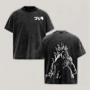 Casual Washed Black Godzilla Monster Printed T-shirt, Unisex Crew Neck Short Sleeve, Double-sided Print, Daily Outdoor Streetwear Top for Fashion Daily Outfits