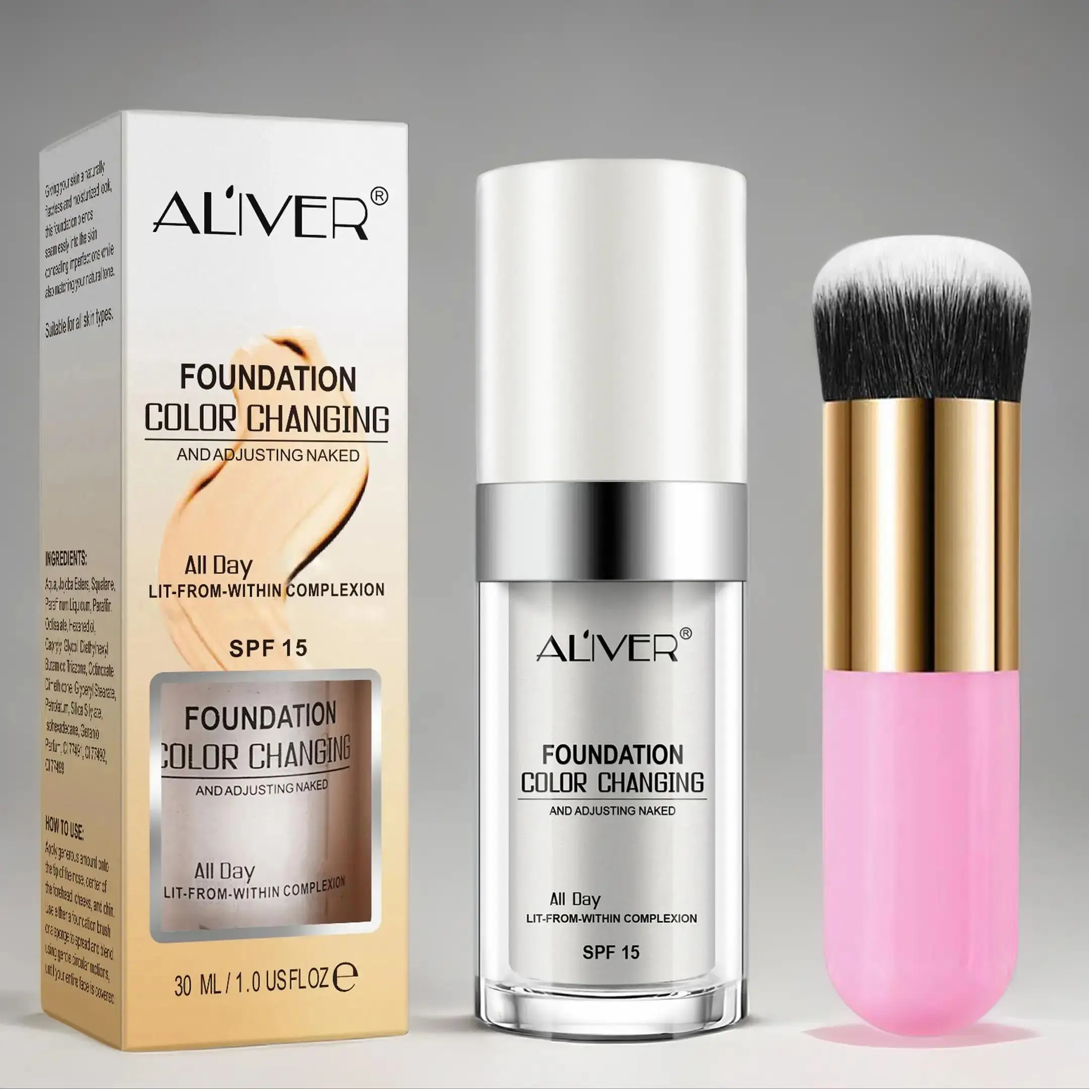 Aliver Color Changing Flawless Foundation 30ml+ Pink Makeup Brush, Light Texture, Long-lasting Makeup Effect, Mild Non-irritating, Moisturizing Cream,