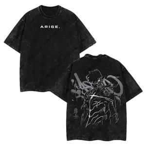Solo Leveling Arise Sung Jin Woo Oversized Soft Cotton Seamless Short-Sleeve T-Shirt, Double-Printed Acid-Washed Lightweight Graphic Top for Men, Ideal Gift for Anime Fans