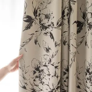 1pc Elegant Ink Painting Floral Print Blackout Window Curtain, European Countryside Style, Hole Design for Living Room Bedroom Dining Room