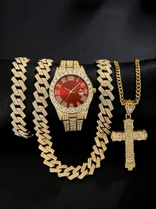 4pcs Stylish Quartz Men's Watch with Punk Cuban Chain Necklace and Bracelet, Fashion Watch Set, Perfect Gift for Casual Outings & Holidays